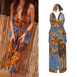 Johanna Ortiz Blue and Orange Midi Dress
